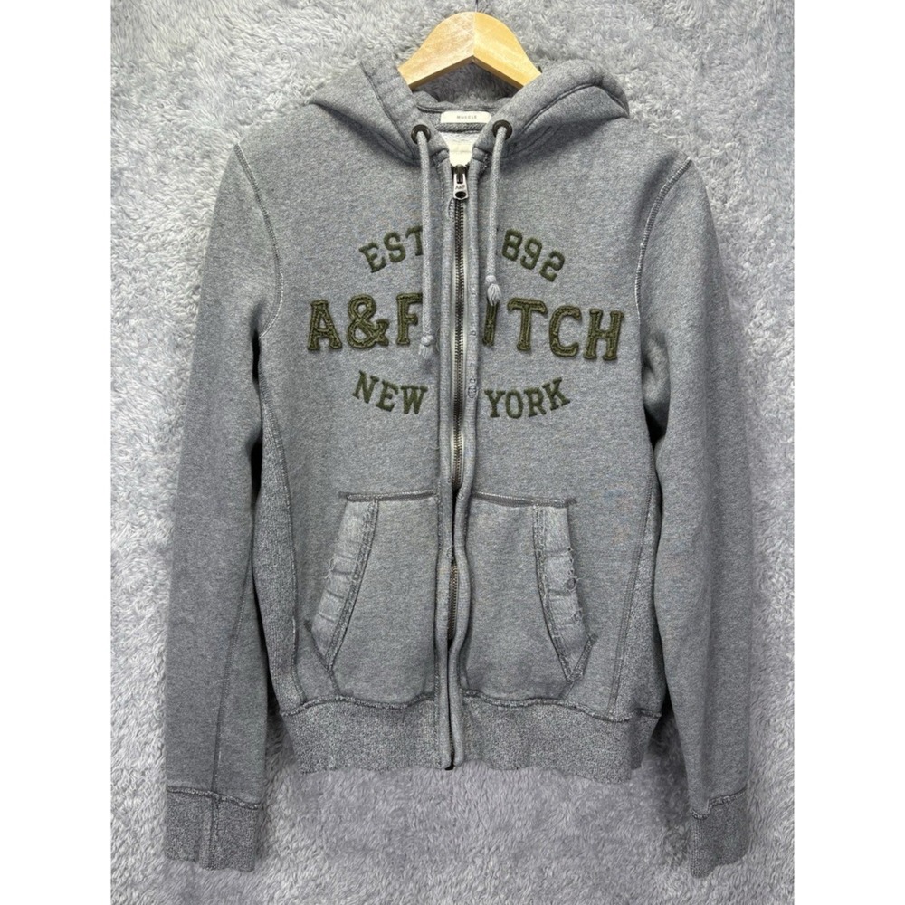 Abercrombie Fitch Mens L Muscle Full Zip Hoodie Gray Spellout Y2K Grunge Fleece